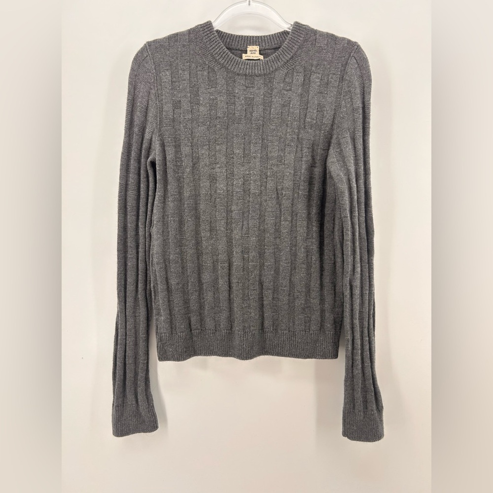 HERMES Checkered Gray 100% Virgin Wool Knit Sweater DETAIL H Size 36 US 4